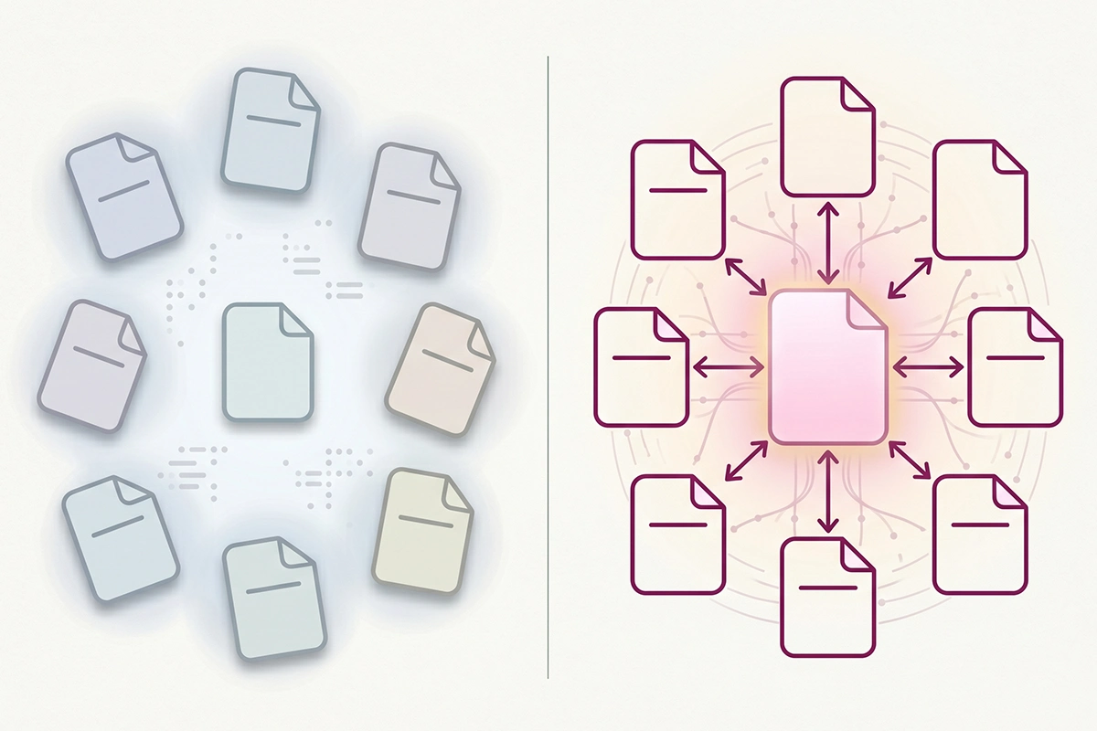 Before and after diagram: scattered disconnected blog posts versus a wired Shopify topic cluster