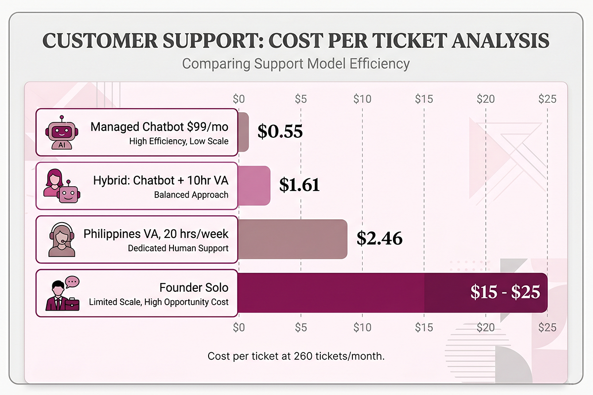 Cost per ticket comparison chart for Shopify VA versus chatbot versus DIY founder