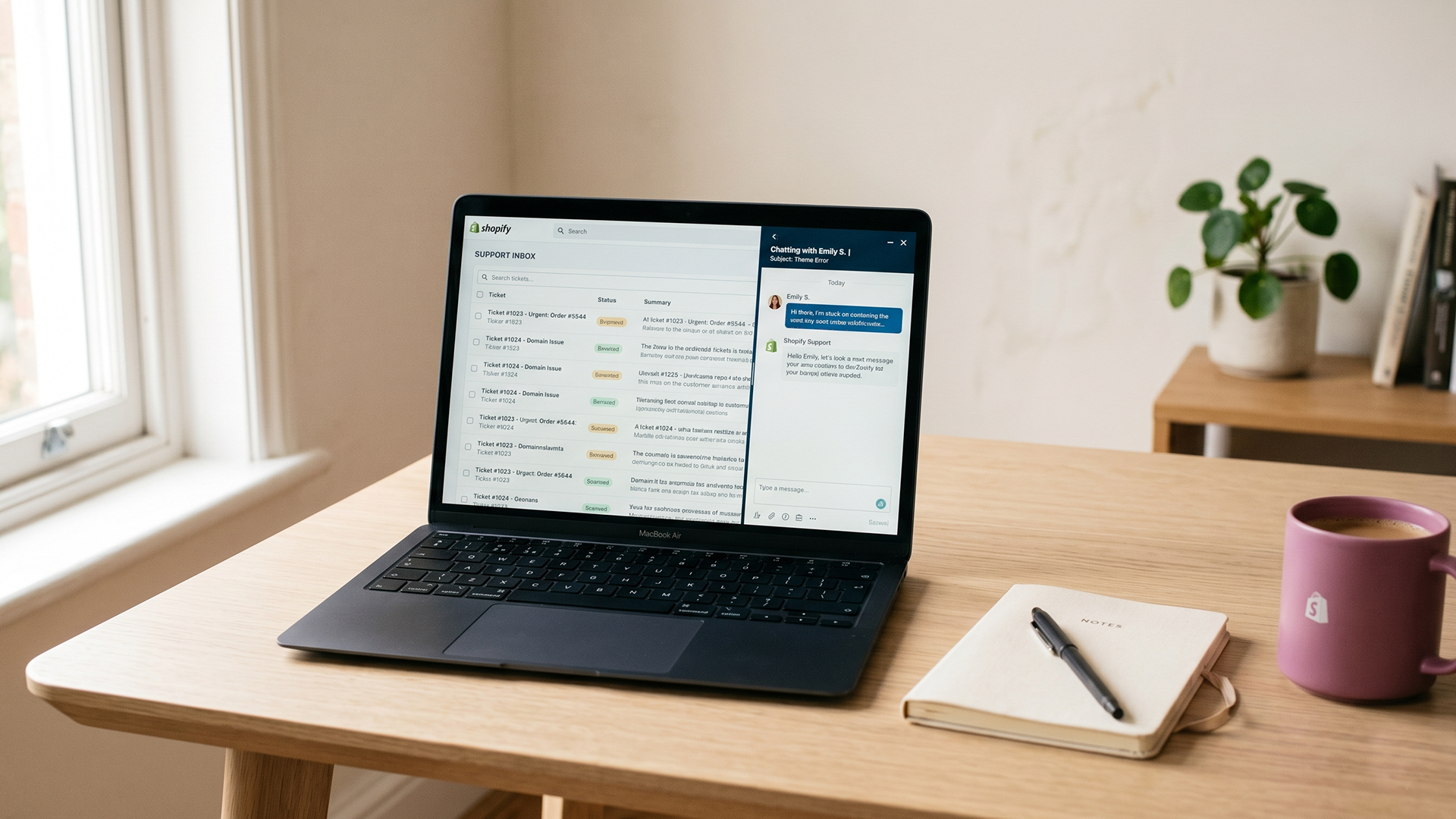 Shopify owner reviewing support inbox and chatbot dashboard on a laptop