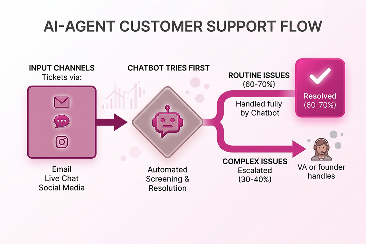 Diagram of a hybrid Shopify support flow with chatbot triage and human escalation