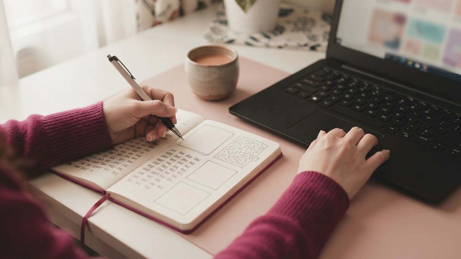 Hands with a notebook of tallies beside a laptop, working out Stamped pricing for a Shopify store