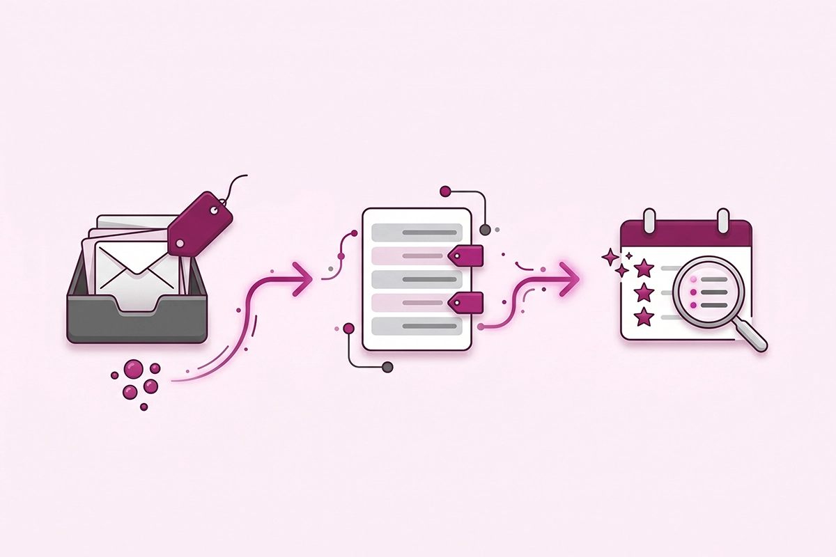 Flow showing how to tag, list, and review support tickets to turn support tickets into content