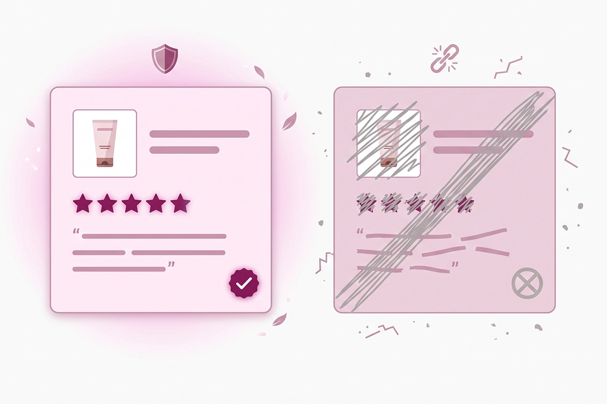 An honest customer review used in an ad next to a misleading edited version crossed out