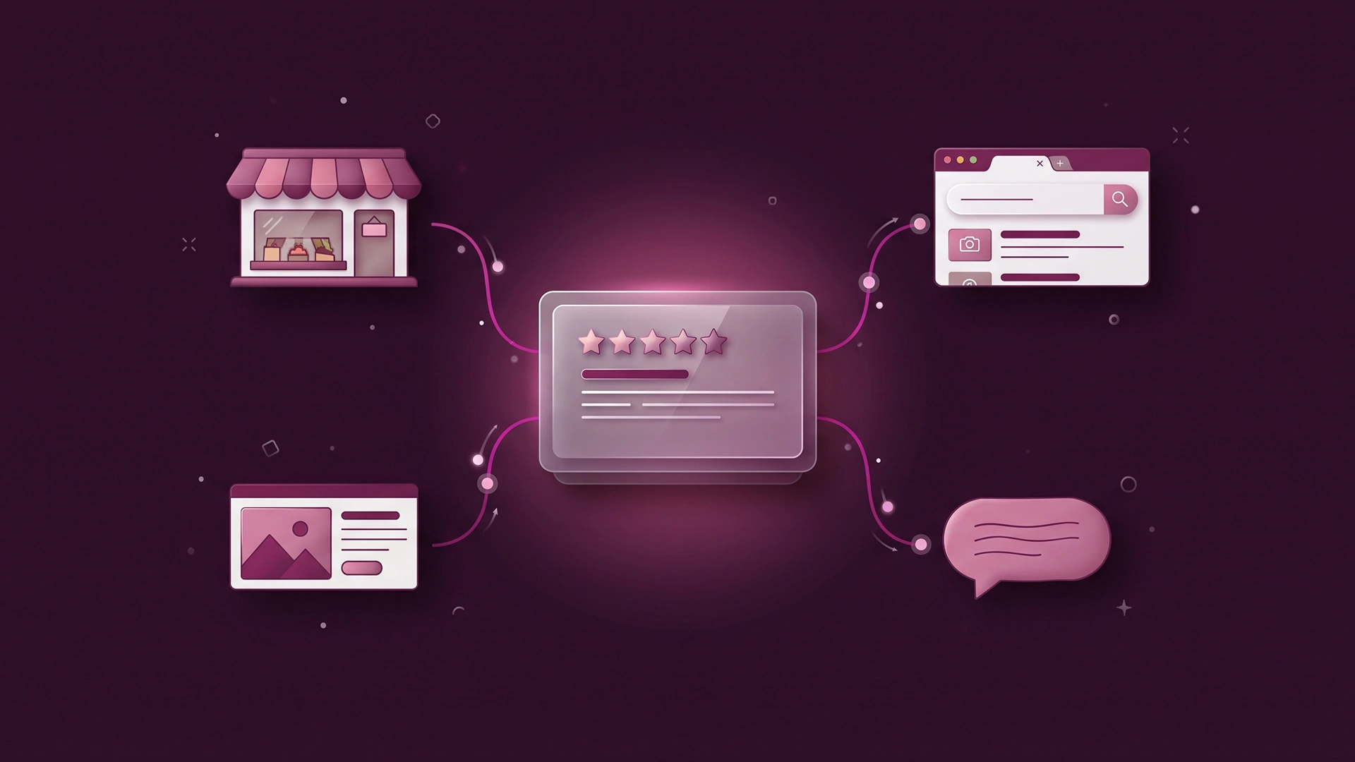 One five-star Shopify review radiating out to a storefront, Google, an ad, and a chatbot