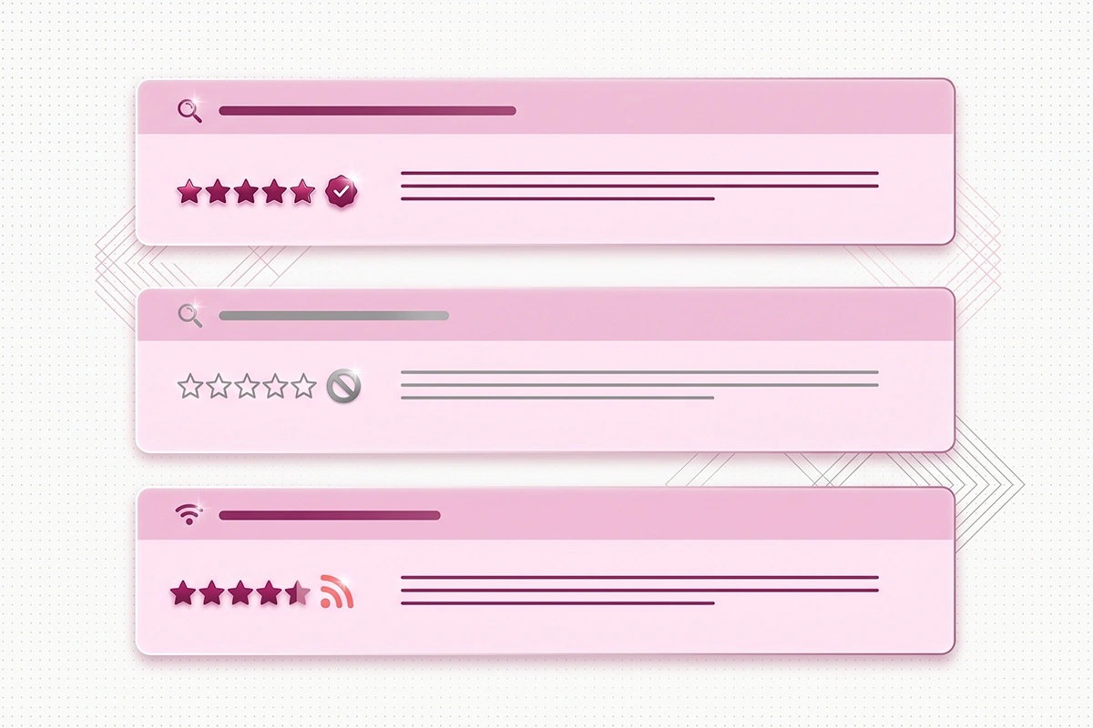 Where review stars appear: product schema earns organic stars, homepage org schema earns none