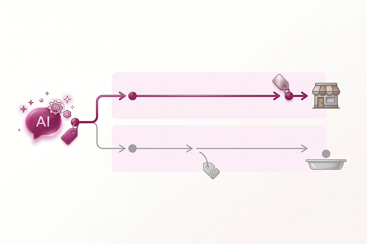 Diagram of an AI answer click reaching a Shopify store with the referrer either surviving or stripped