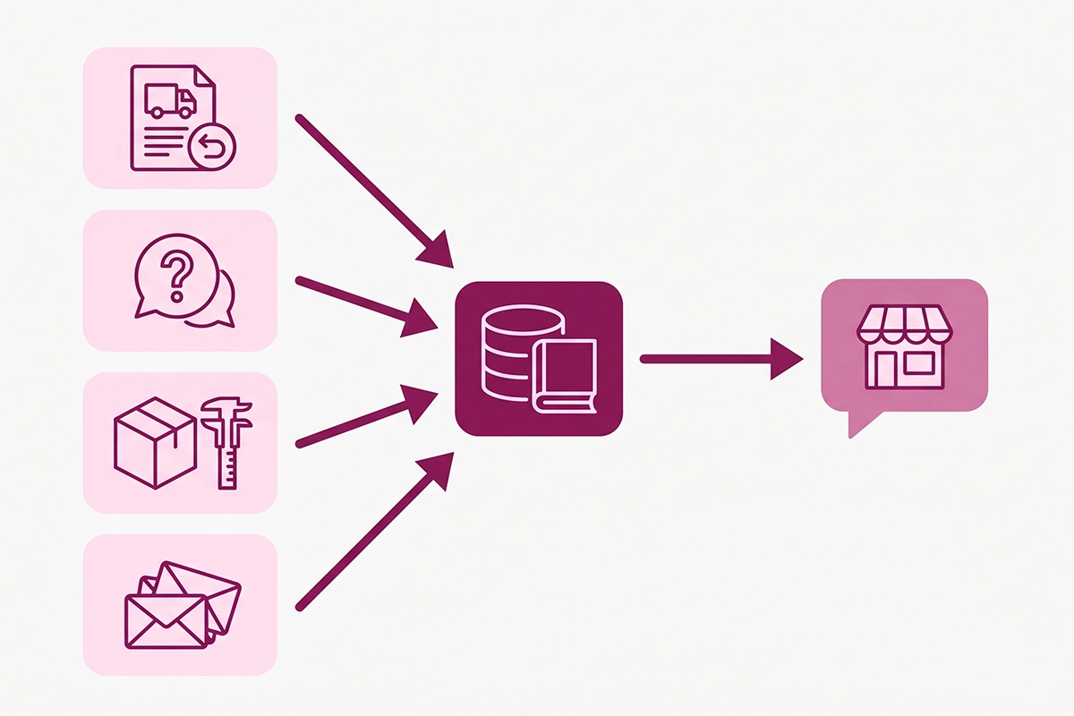 Diagram of four sources feeding a Shopify chatbot: policy, FAQ, product details, support tickets