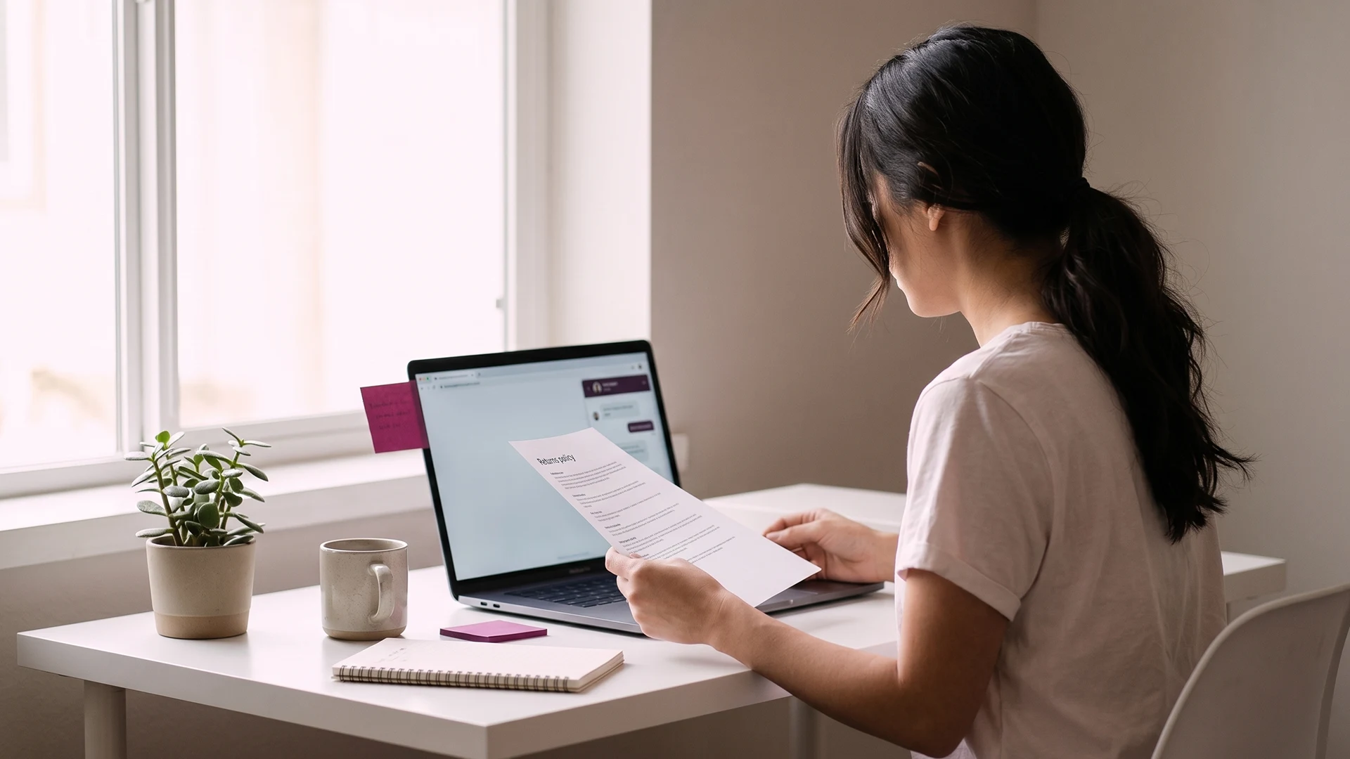 Shopify owner at a laptop checking a chatbot answer against the store's printed returns policy