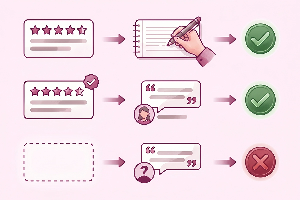 Three-lane chart: using review language and quoting a real attributed review are allowed, fabricating a customer quote is not