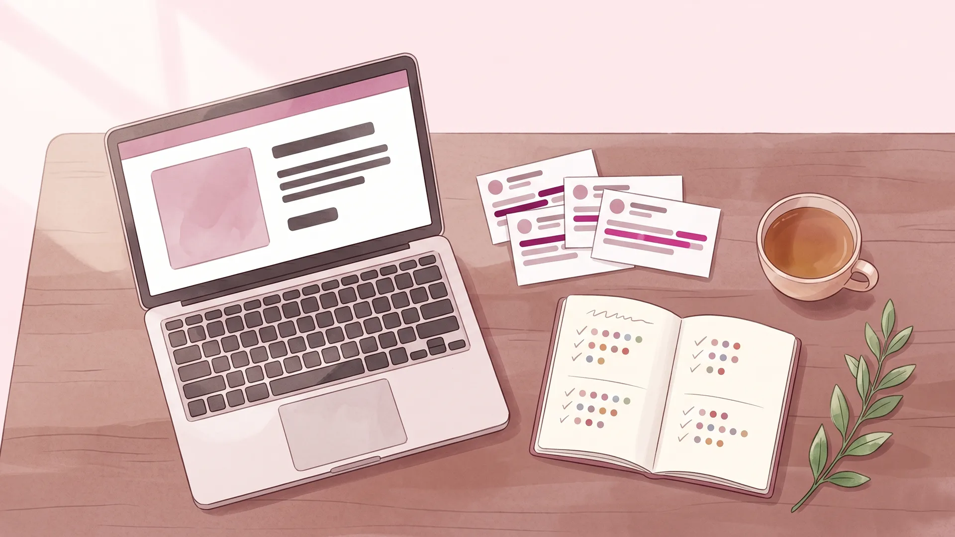 Laptop showing a Shopify product page beside printed customer review cards with phrases marked in magenta