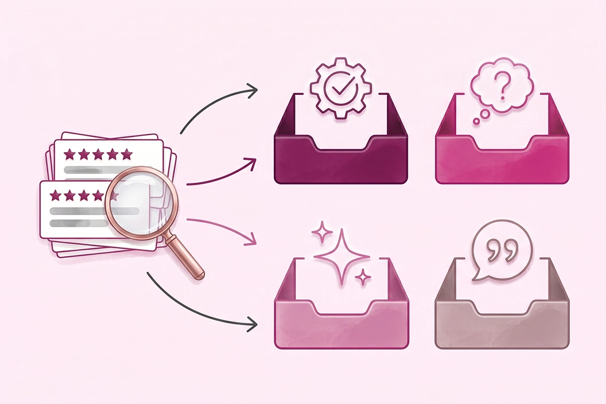 Diagram showing a stack of customer reviews sorting into four buckets: the job, the objection, the surprise, and exact words