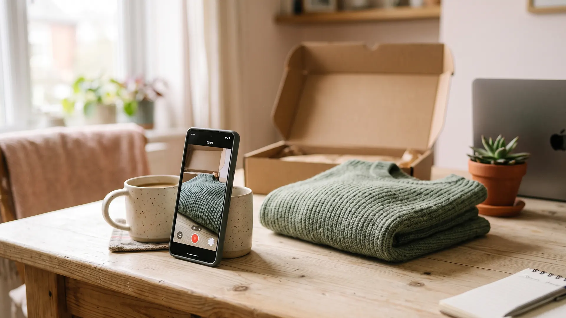 A customer filming a short product review on a phone propped against a mug at a kitchen table