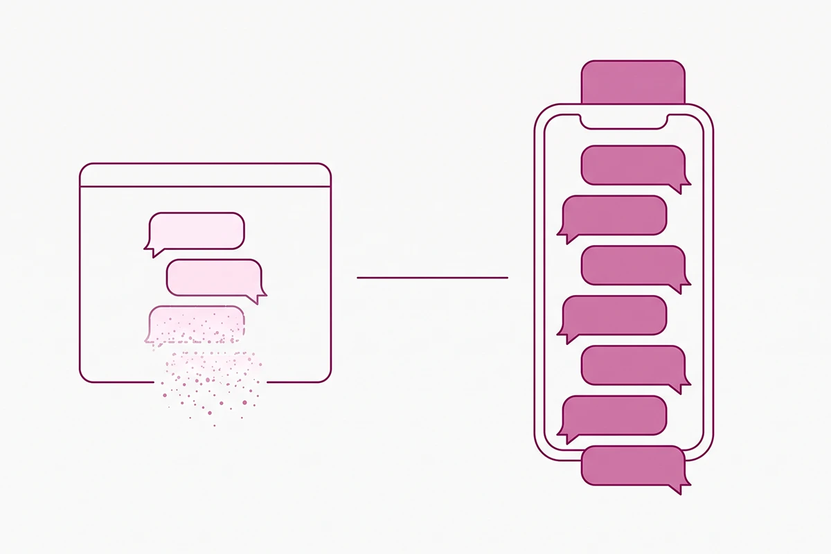 Diagram comparing a temporary site chat widget session with a persistent WhatsApp chatbot thread