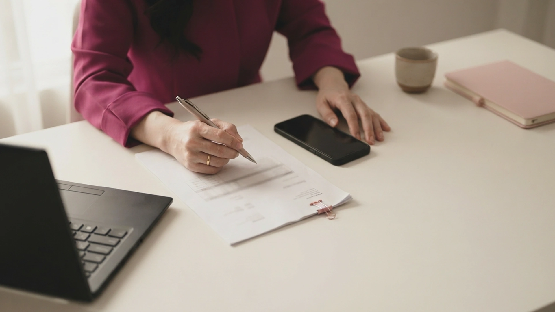 Hands reviewing a printed invoice beside a laptop and phone, working out Yotpo pricing
